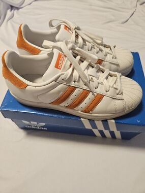 Adidas Superstar White Leather Suede Orange Shell Toe Sneakers